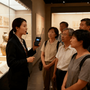 The tour guide is explaining to the tourists with an audio guide